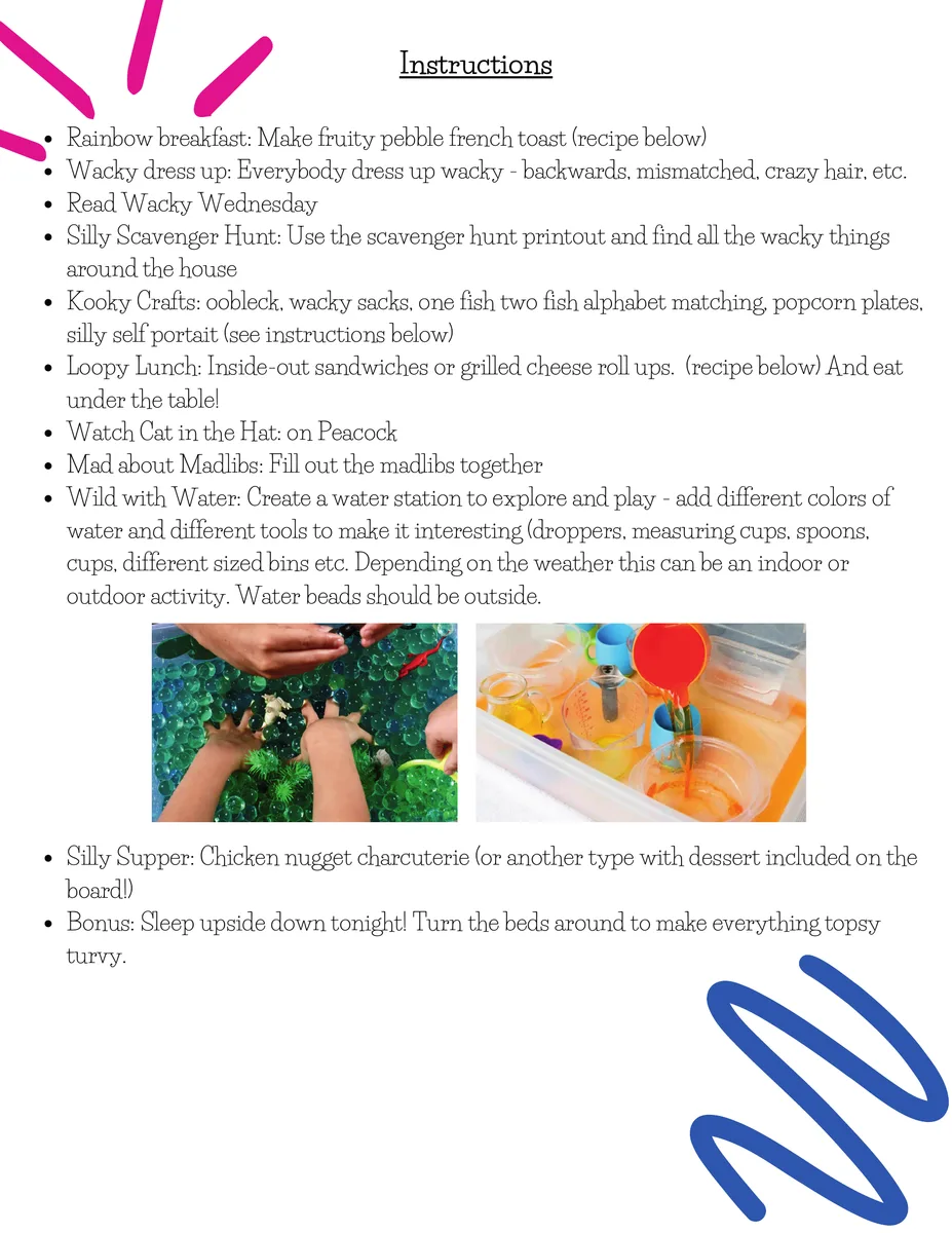 Family Fun Day Camp, Wacky Wednesday theme — instructions